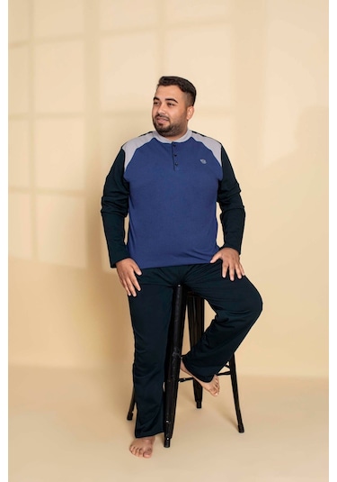 Erkek Büyük Battal Beden Desenli 3 Düğmeli %100 Pamuk Mevsimlik Uzun Kol Cepli Pijama Takımı Koyu Mavi