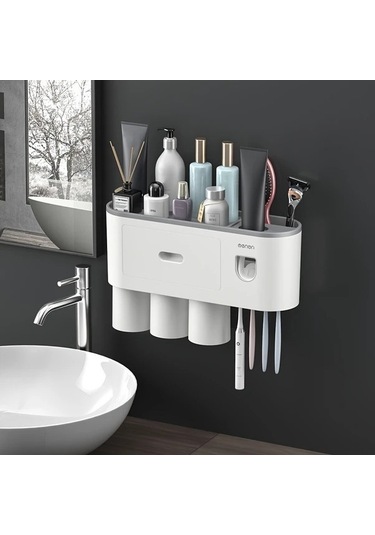 Fastbuy Challenger Diş Fırçası Tutucu Ve 4 Bardaklı Banyo Organizatörü Macun Dispenser Kiti Gri Gri