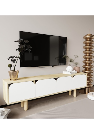 Lazio Bohem Ahşap Ayaklı Tv Ünitesi Tv Sehpası Safir Meşe-beyaz