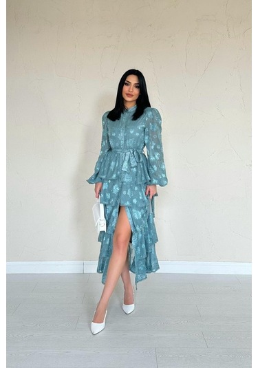 The İstanbul Mint Valonlu Şeritli Kat Kat Elbise Mint