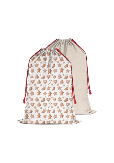 Büyük Noel Baba Hediye Çantası, Pamuklu Kordonlu, Yeniden Kullanılabilir Noel Zencefil Ekmek Kurabiye