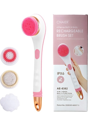 Yifomall Pink Elektrikli Banyo Fırçası: 4 Farklı Başlı, 2 Hızlı, Uzun Kolu, Ipx7 Su Geçirmez, Vücut Temizleme Ve Masaj Ae-8382 Çok Renkli