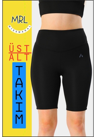 Kadın Siyah Takım Alt-üst Kısa Şort-tayt Ve Pedli Sporcu Büstiyer 2li Set Lacivert Biyeli Elt3043 Siyah Lacivert