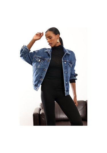 Mavi Dantel Detaylı Kot Ceket Mavi