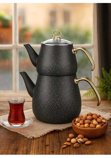 Enashop Granit Kaplama Gold Kulplu Cam Kapak Çaydanlık Siyah Siyah