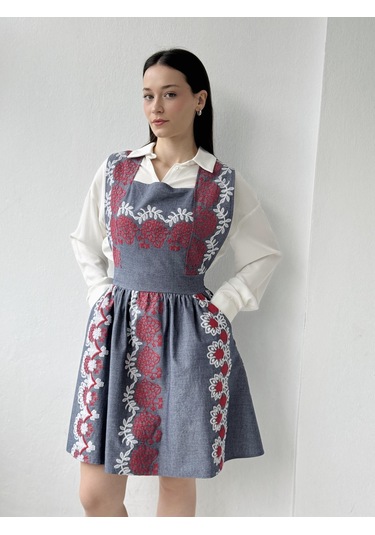 Retrobird Mandy Nakış Detaylı Kısa Jile Elbise Kadın İndigo-13901 Indigo