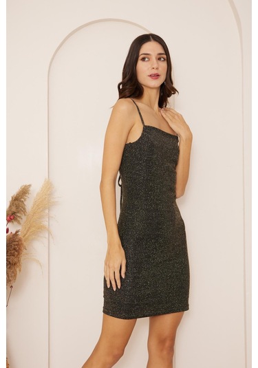 Kadın Siyah Gold Simli Sırt Dekolteli Mini Elbise Dm1036 Siyah