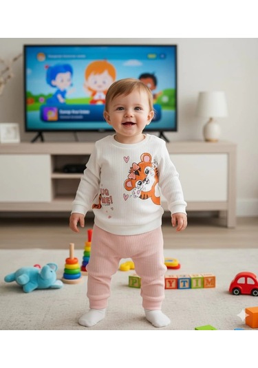 Kız Bebek Kedi Baskılı Çıt Çıtlı Alt Üst İkili Gündelik Takım Pudra