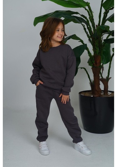 Üç İplik Cepli Bisiklet Yaka Alt Üst Takım Füme