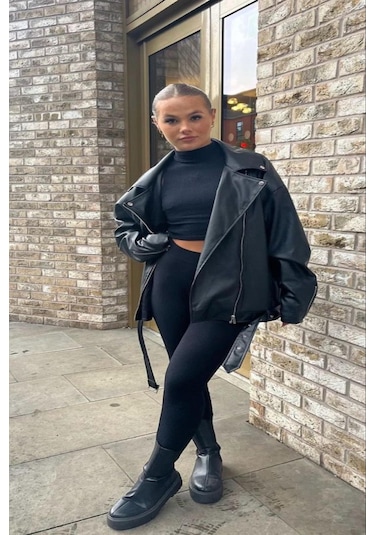 Prifaldi Yeni Sezon Oversize Uzun Kadın Siyah Deri Ceket Siyah