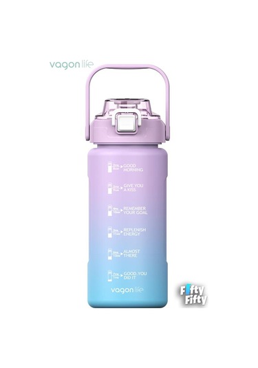 Vagonlife 1500ml Yenilenen Renkler Pipetli - Pipetsiz Kullanım Çift Renk Softtouch Motivasyon Matarası + Çıkartma 001