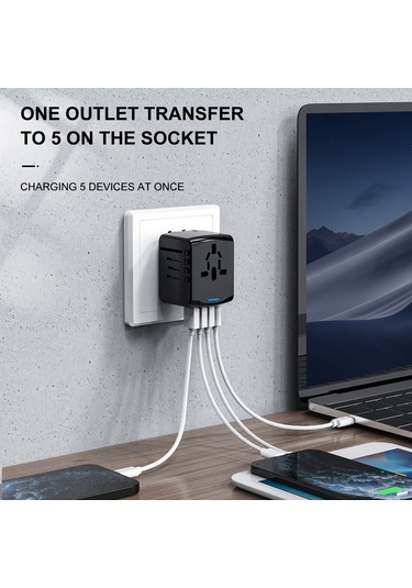 Hombey Mavi Evrensel Seyahat Şarj Aleti - 4 Port 3 Usb + Type-c Hızlı Şarj, 150+ Ülke Uyumlu, 5 Cihazı Eş Zamanlı Şarj Edebilir