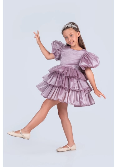 Volanella Taçlı Kız Çocuk Abiye Çift Tarz, Tek Elbise. Lila