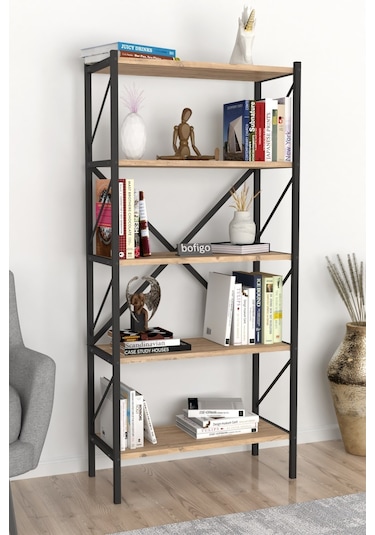 Dekoratif 5 Raflı Kitaplık Metal Kitaplık Çam