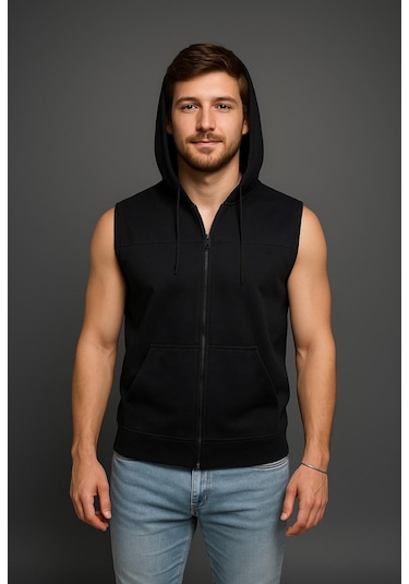 Axxel Erkek Siyah Fermuarlı Kapüşonlu Kanguru Cepli Kolsuz Yelek-y1142 Siyah