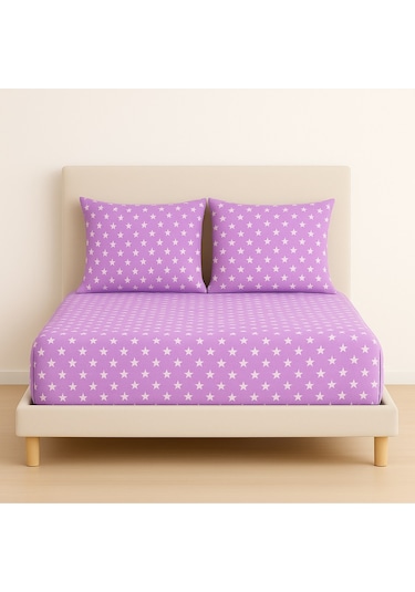Desenli 160 X 200 Cm Çift Kişilik Lila Yıldız Lastikli Çarşaf Ve 2 Adet Yastık Kılıfı Lila