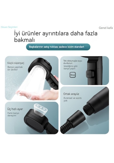 Üç Modlu Su Akışı Ayarlanabilen Yüksek Basınçlı Duş Başlığı Siyah