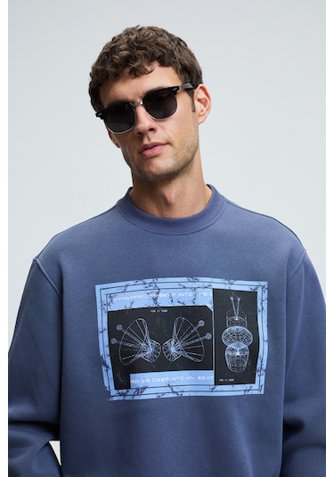 Grimelange LUCIAN Erkek Göğsü Baskılı Yuvarlak Yaka Regular Fit İndigo Sweatshirt
