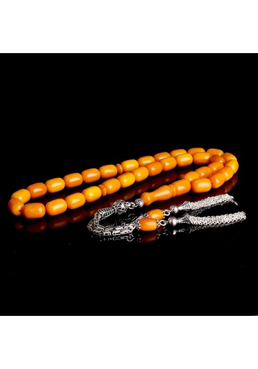 Tesbihsepetim 925 Ayar Gümüş Kral Zincir Püsküllü Kapsül Kesim Sıkma Kehribar Tesbih