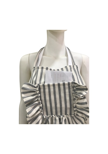 Çizgili Naturel Keten, Fırfırlı, Buldan Keten, Mutfak Önlüğü