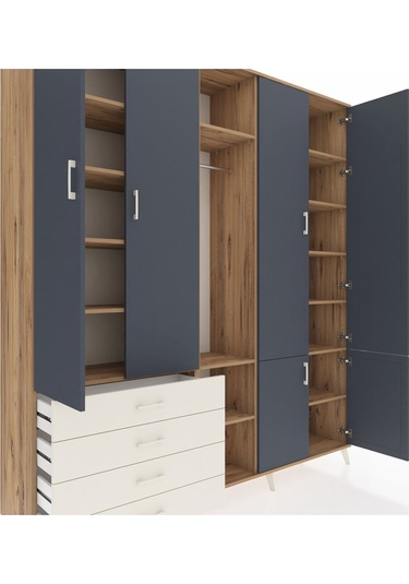 Hyperion Dolap 14 Raflı 4 Çekmeceli Tek Askılı 220x44x243 Çam-antrasit/aytaşı Antrasıt/aytası