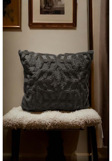 Bohem Dekoratif Yastık Kılıfı Kırlent Kılıfı 43x43 Cm Antrasit Etnik Gri