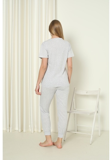 Fames Pijama Kisa Kol Yazlik Pijama Takimi Pamuklu Gri