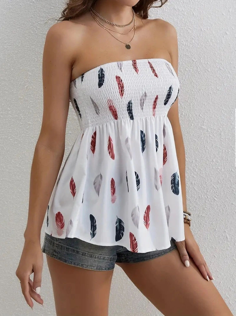 Nova Bazaar Kadın Yaprak Desenli Göğsü Gipeli Mosskrep Straplez Bluz Beyaz