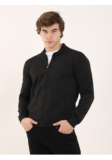 Dufy Siyah Erkek Slim Fit Bomber Yaka Triko - 96352 Siyah