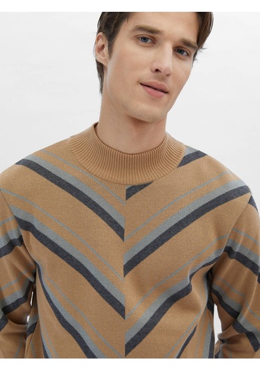 Deve Tüyü Yarım Balıkçı Yaka Desenli Pamuk Karışımlı Triko 602505 Deve Tüyü