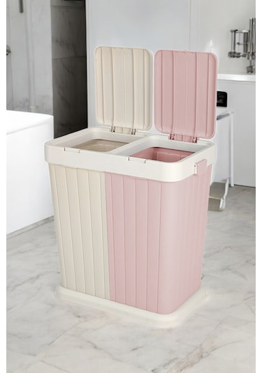 İronika Dokunmatik Kapaklı 2 Bölmeli Kirli Temiz Çamaşır Sepeti Oyuncak Sepeti 80lt Pembe-krem Pembe