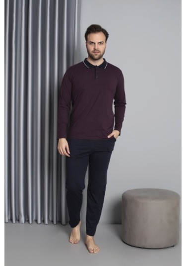 Erkek Düğmeli Desenli Uzun Kollu Pijama Takımı 16585 Bordo Bordo