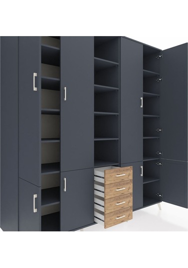 Kronos Dolap 17 Raflı 4 Çekmeceli 8 Kapaklı 220x59x243 Antrasit-antrasit/çam Antrasıt/atlas Çam