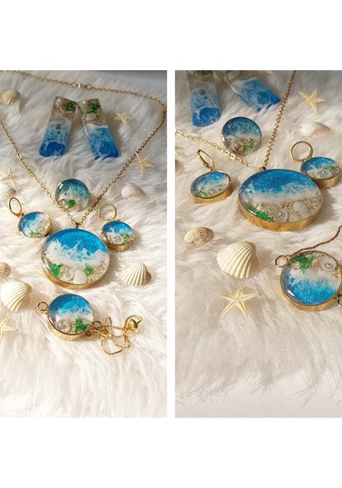 Altın Kaplama Çelik Kolye Küpe Bileklik Yüzük ve Saç tokası Mavi