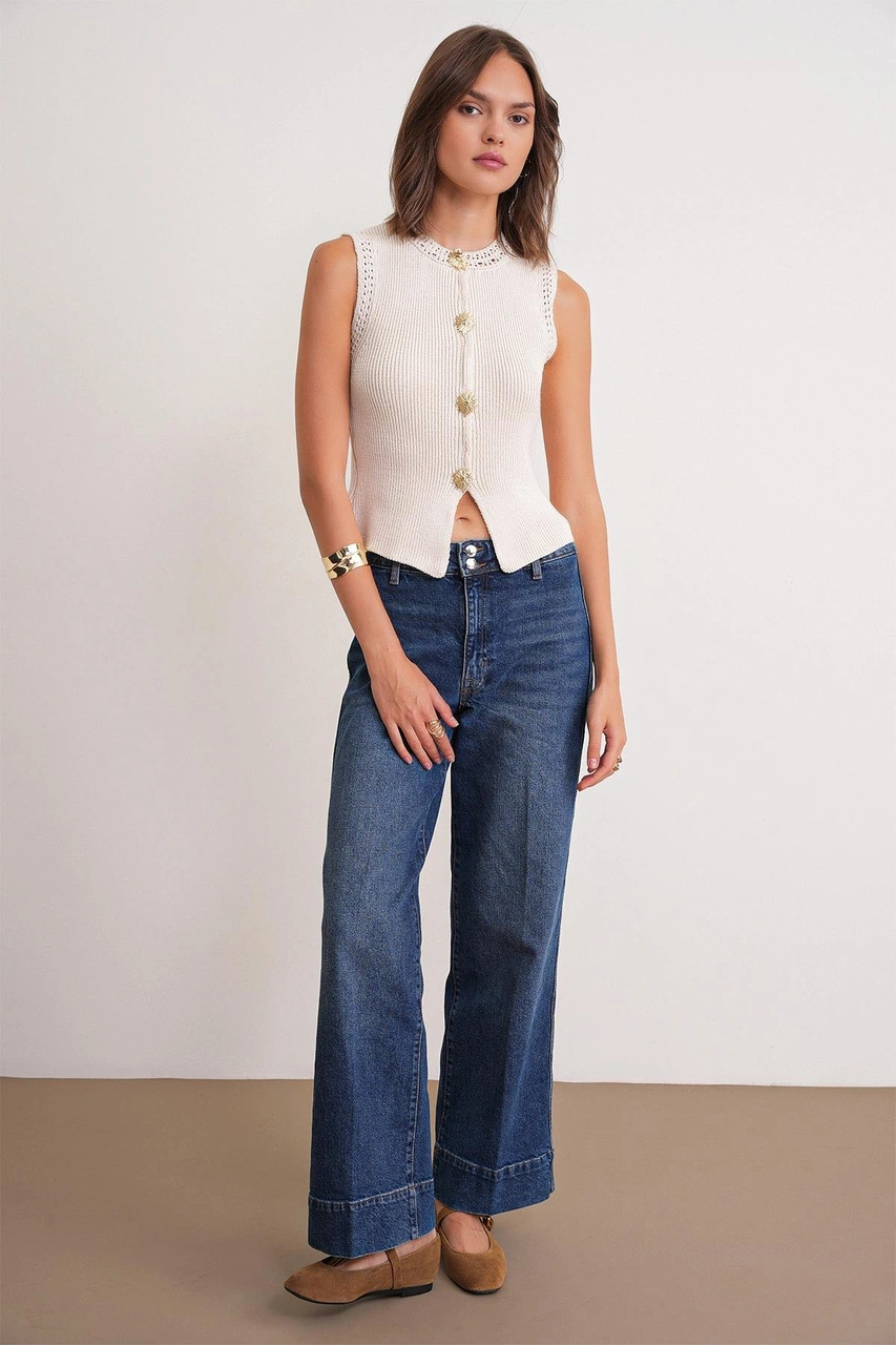 6962 Kadın Gold Düğmeli Triko Yelek Naturel Naturel