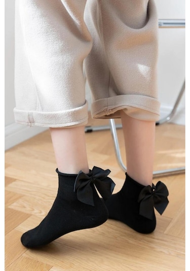 Heleni Kadın Bambu Siyah Fiyonklu Siyah Soket Çorap Siyah