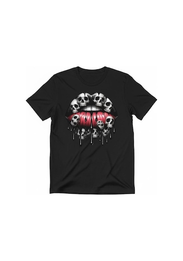 Kadın Kuru Kafa Dudak Baskılı Pamuklu T-shirt Siyah