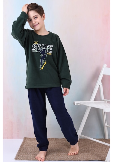 Yeni Sezon Sonbahar/kış Erkek Çocuk Skate Desenli Polar Pijama Takımı 4515 Haki Yeşili