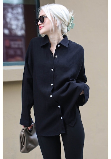Madmext Siyah Muslin Kumaş Basic Kadın Gömlek Mg1660 Siyah