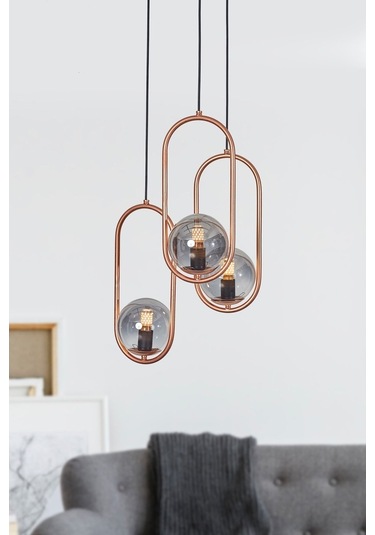 Luzarana Zenga 3 Lü Bakır Metal Gövde Füme Camlı Tasarım Lüx Avize Çok Renkli