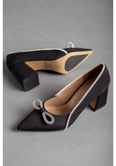 Saten Taşlı Kalın Topuk Siyah Kadın Stiletto-2029-SIYAH Siyah