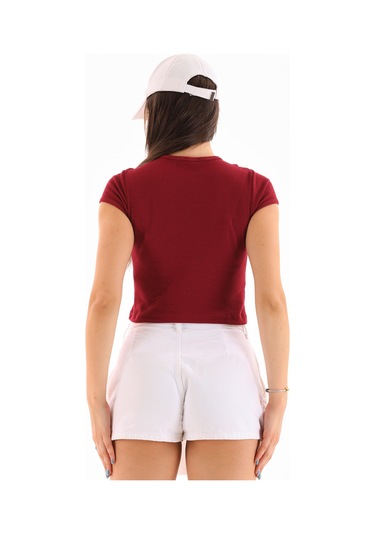Kadın Likralı Kısa Kol Crop Bluz Bordo