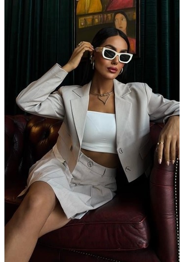 Crop Ceketli Ve Pile Etekli Garnili Takım 10111 Karışık