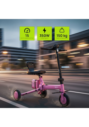 İgofor 3 Tekerlekli Katlanabilir Elektrikli Oturulabilir Scooter Pembe