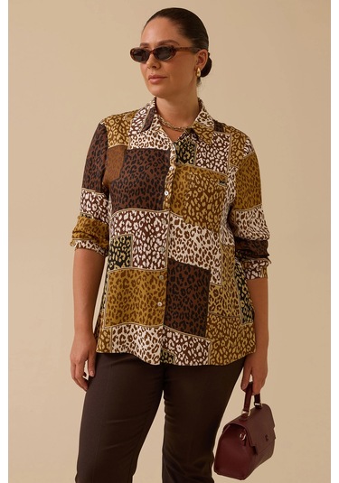 Galaxi Kadın Büyük Beden Desenli Gömlek 4016 Kahverengi Kahverengi