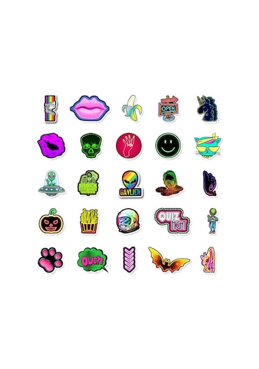 Cajuart 50 Adet Tekrarsız Neon Tarz Pvc Sticker Süs 010