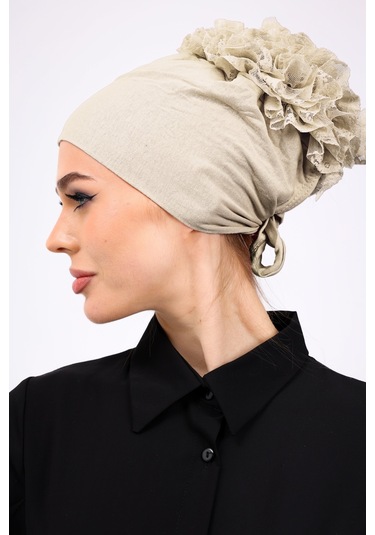 Kaymayan Fırfırlı Silikonlu Dikişsiz Bone Krem - Kaymaz Kadın Tesettür Bağlamalı İç Bone Krem