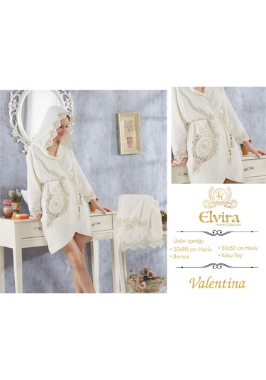 Elvira Valentina Lüks Fransız Dantelli Balayı Bornozu Krem