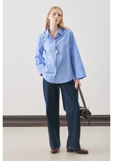 Oversıze Çizgili Gömlek Mavi Çizgi Mavi Çizgi