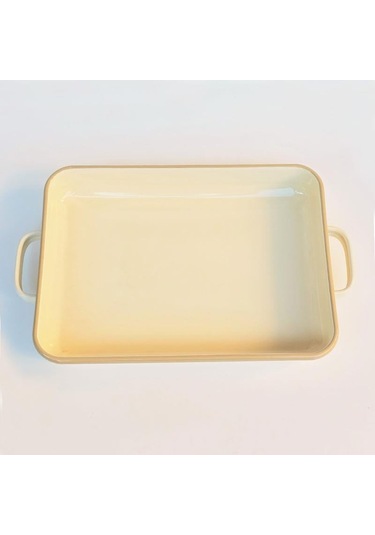 Emaye Kulplu Dikdörtgen Fırın Tepsisi Krem Krem